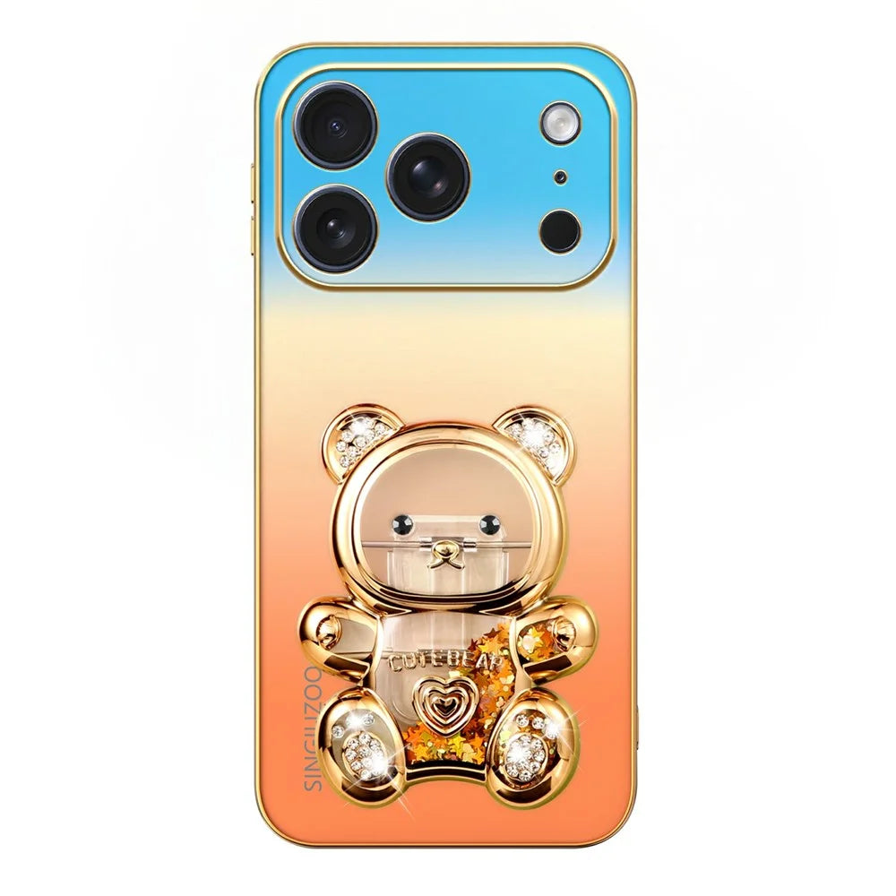 SINGIUZOO for iPhone 18 Pro / 17 Pro Case Glitter Bear Kickstand Electroplated Gradient Color PC + TPU Phone Cover - Orange - 4