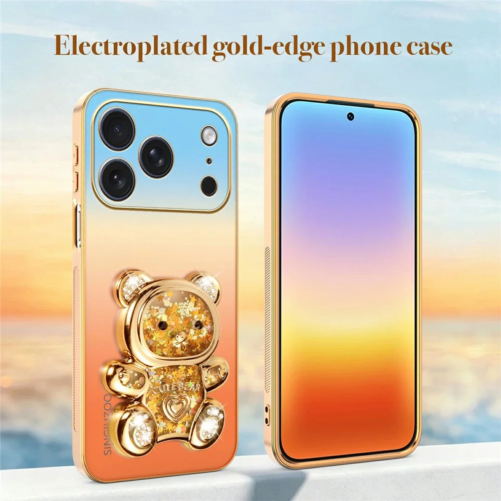 SINGIUZOO for iPhone 18 Pro / 17 Pro Case Glitter Bear Kickstand Electroplated Gradient Color PC + TPU Phone Cover - Orange - 5