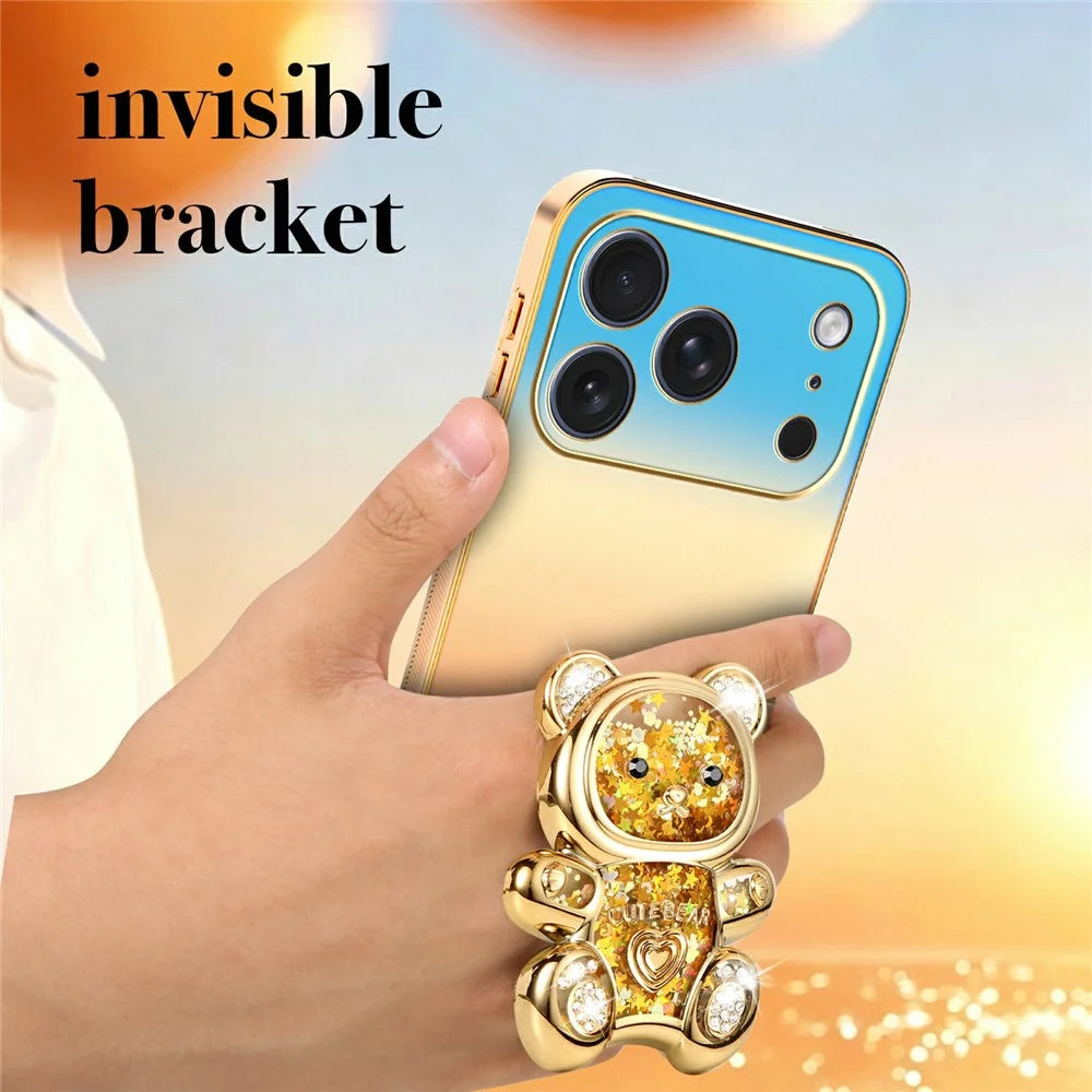 SINGIUZOO for iPhone 18 Pro / 17 Pro Case Glitter Bear Kickstand Electroplated Gradient Color PC + TPU Phone Cover - Orange - 6