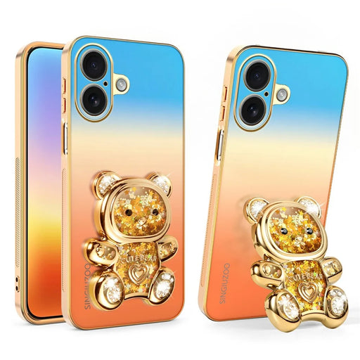 SINGIUZOO for iPhone 17 Case Glitter Bear Kickstand Electroplated Gradient Color PC + TPU Phone Cover - Orange - 1