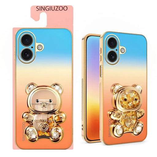 SINGIUZOO for iPhone 17 Case Glitter Bear Kickstand Electroplated Gradient Color PC + TPU Phone Cover - Orange - 2