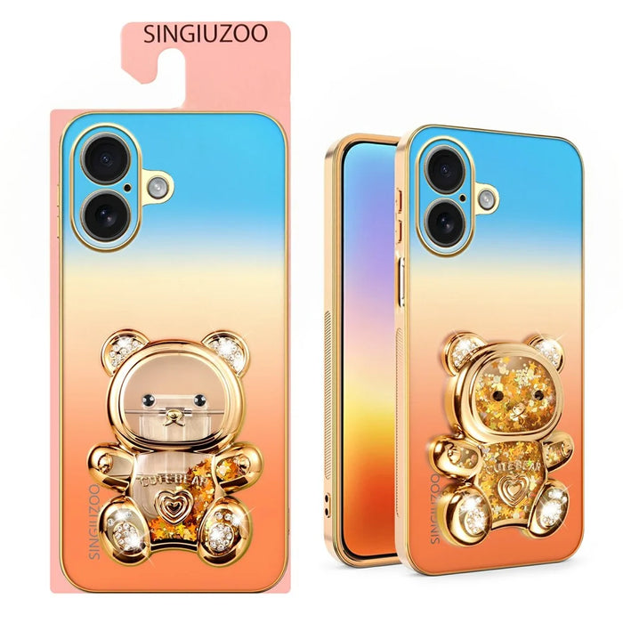 SINGIUZOO for iPhone 17 Case Glitter Bear Kickstand Electroplated Gradient Color PC + TPU Phone Cover - Orange - 2