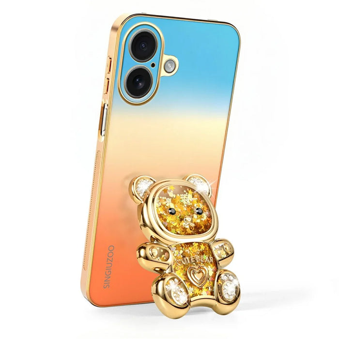SINGIUZOO for iPhone 17 Case Glitter Bear Kickstand Electroplated Gradient Color PC + TPU Phone Cover - Orange - 3