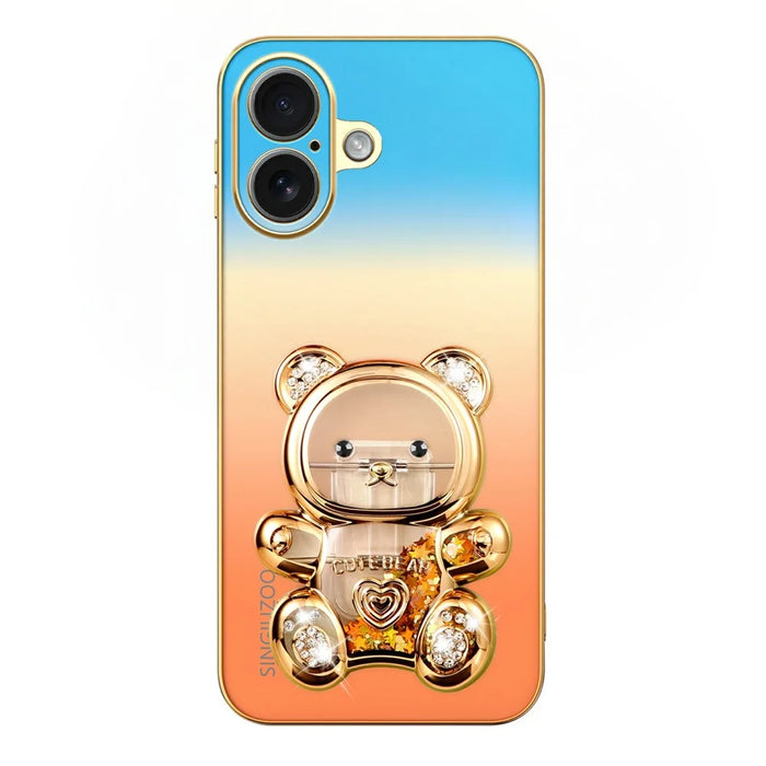 SINGIUZOO for iPhone 17 Case Glitter Bear Kickstand Electroplated Gradient Color PC + TPU Phone Cover - Orange - 4