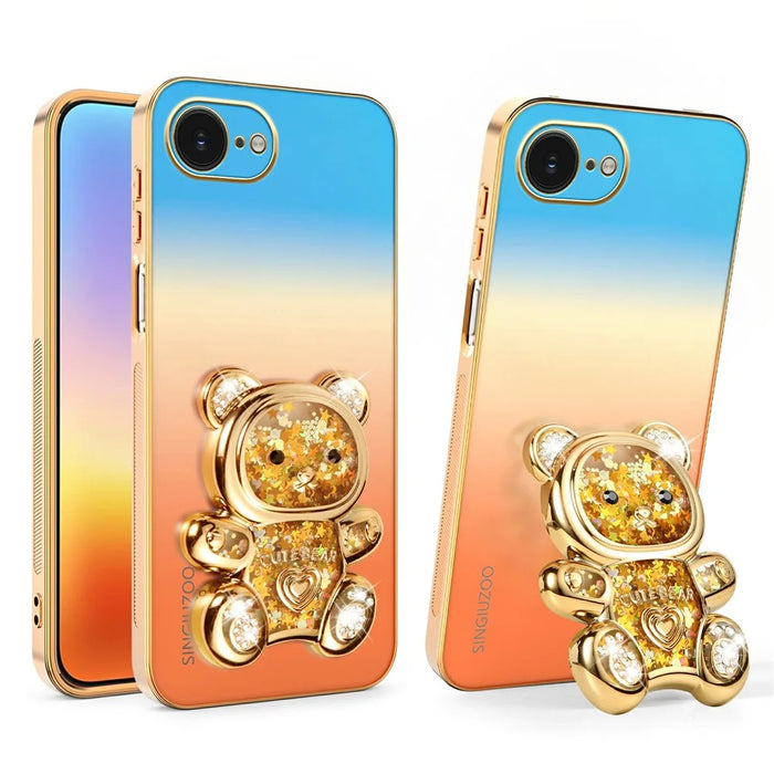 SINGIUZOO for iPhone 17e / 16e Case Glitter Bear Kickstand Electroplated Gradient Color PC + TPU Phone Cover - Orange - 1