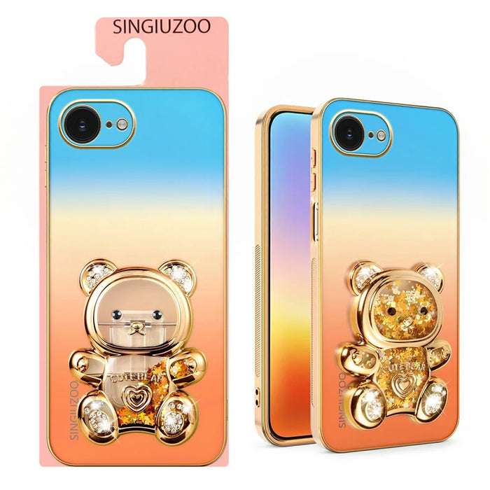 SINGIUZOO for iPhone 17e / 16e Case Glitter Bear Kickstand Electroplated Gradient Color PC + TPU Phone Cover - Orange - 2