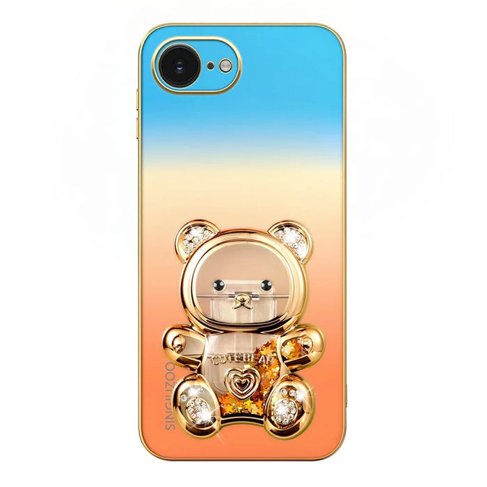 SINGIUZOO for iPhone 17e / 16e Case Glitter Bear Kickstand Electroplated Gradient Color PC + TPU Phone Cover - Orange - 4