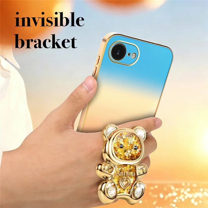 SINGIUZOO for iPhone 17e / 16e Case Glitter Bear Kickstand Electroplated Gradient Color PC + TPU Phone Cover - Orange - 6