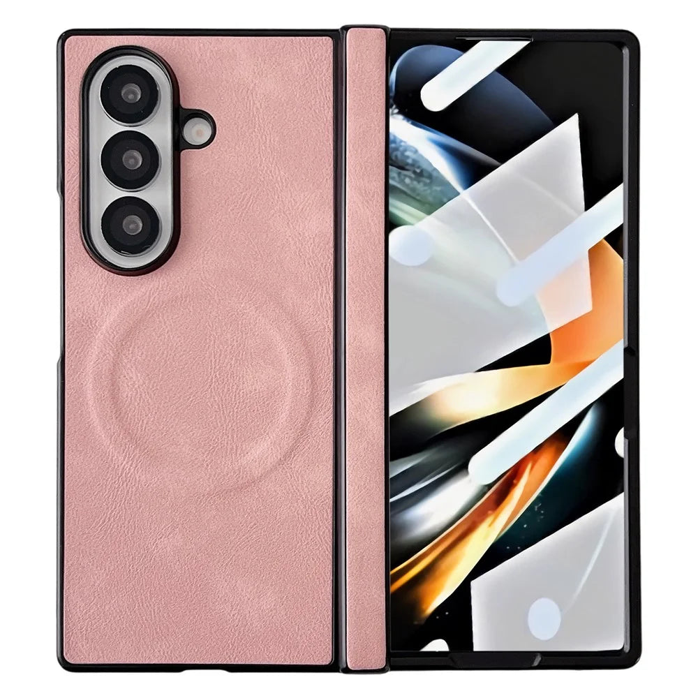 For Samsung Galaxy Z Fold7 5G Magnetic Case with Screen Protector Leather Texture Spring Hinge Protective Cover - Pink - 1