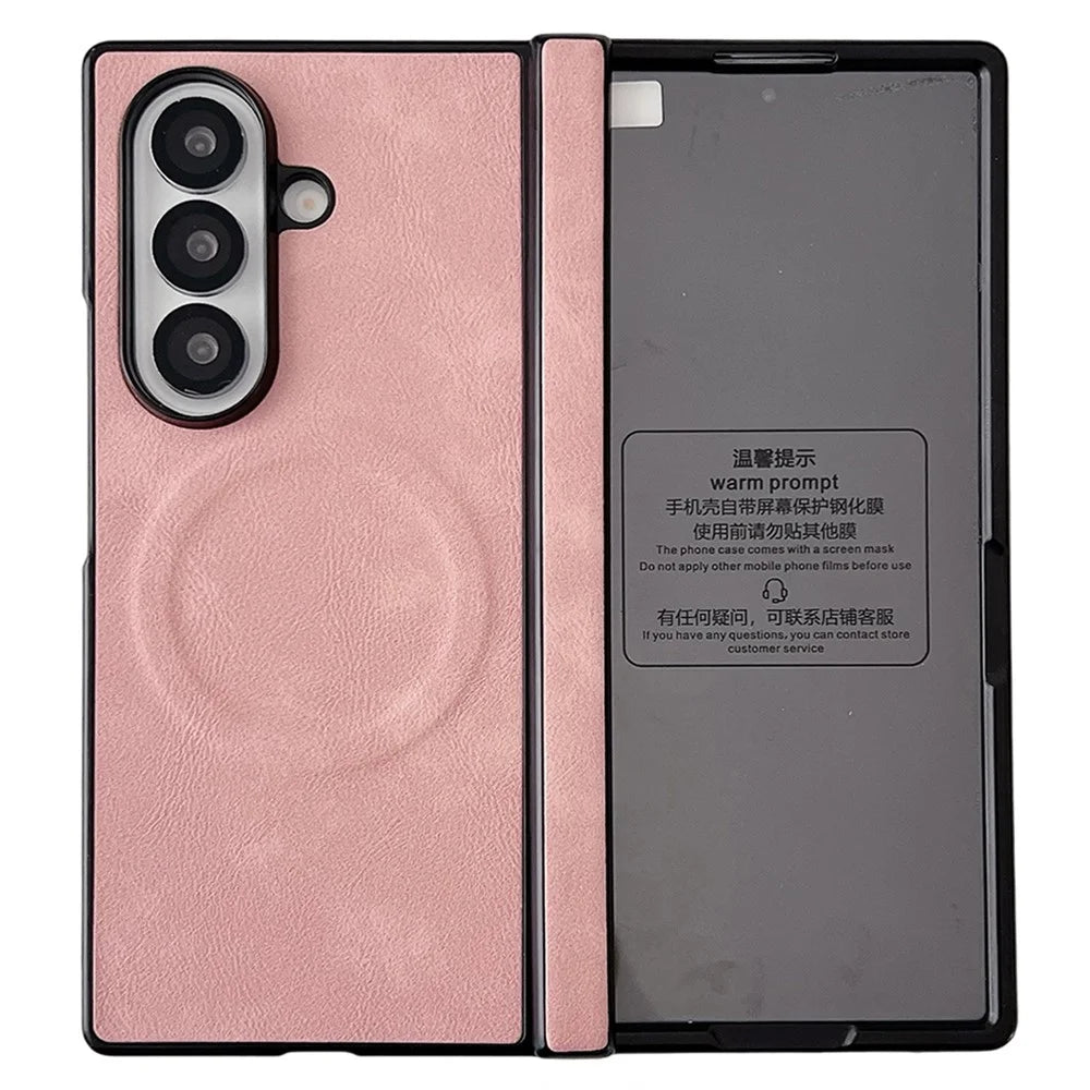 For Samsung Galaxy Z Fold7 5G Magnetic Case with Screen Protector Leather Texture Spring Hinge Protective Cover - Pink - 2