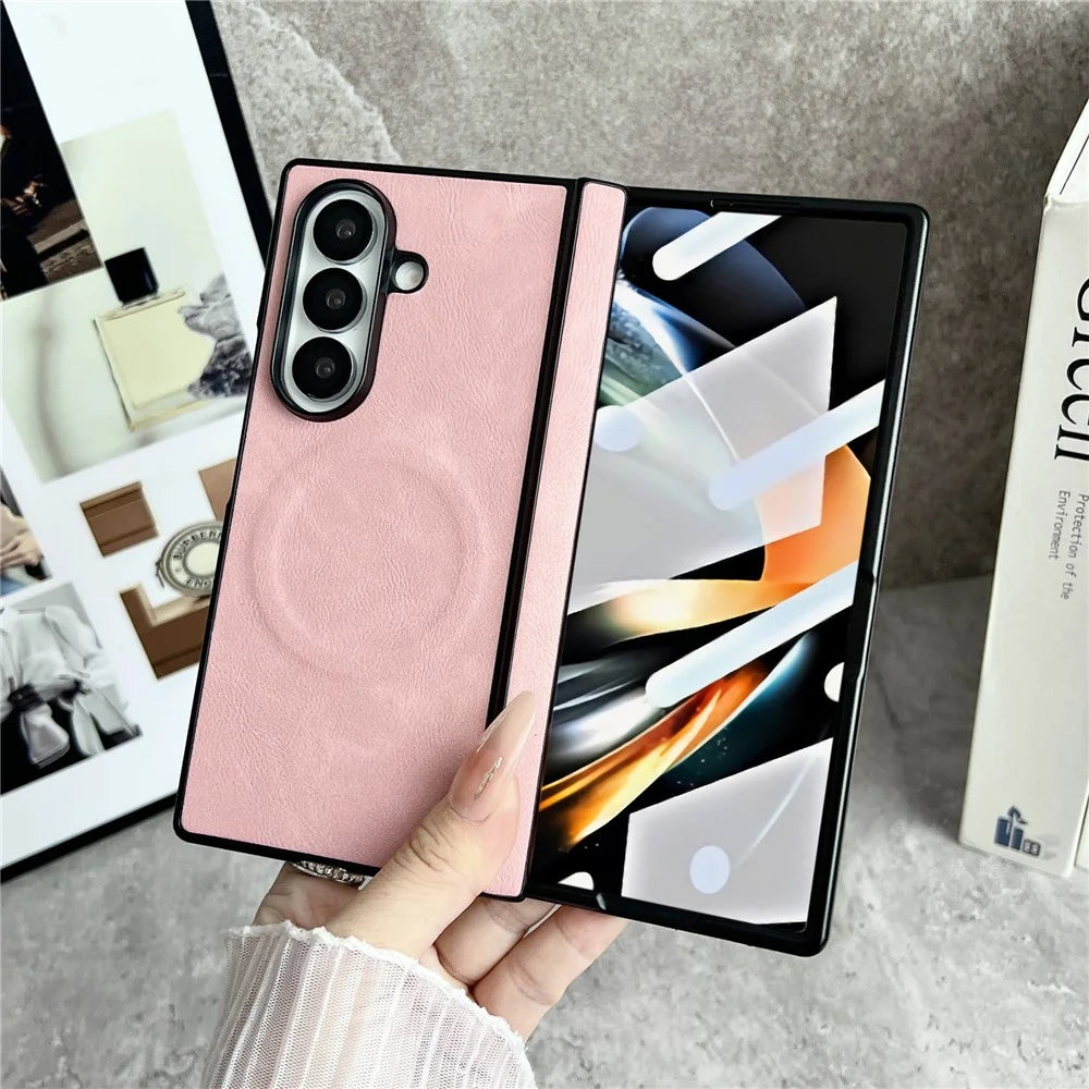 For Samsung Galaxy Z Fold7 5G Magnetic Case with Screen Protector Leather Texture Spring Hinge Protective Cover - Pink - 3