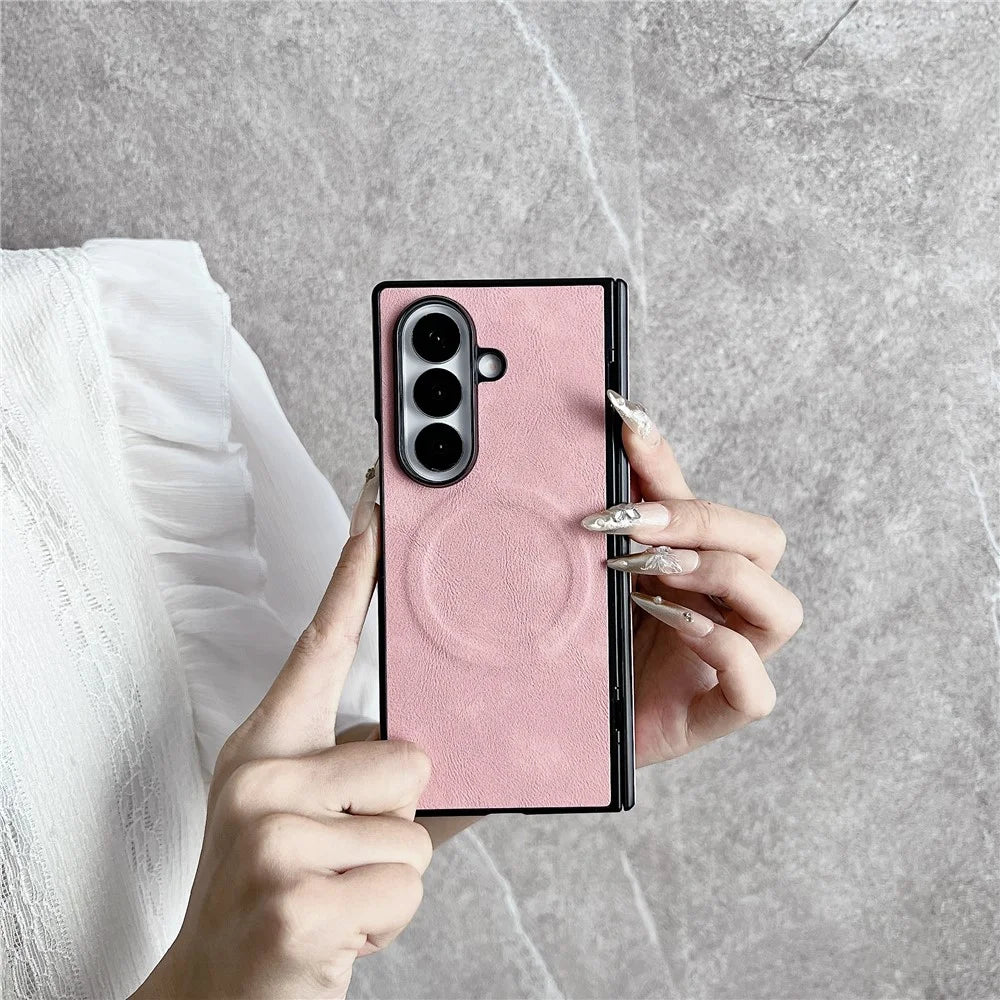For Samsung Galaxy Z Fold7 5G Magnetic Case with Screen Protector Leather Texture Spring Hinge Protective Cover - Pink - 5