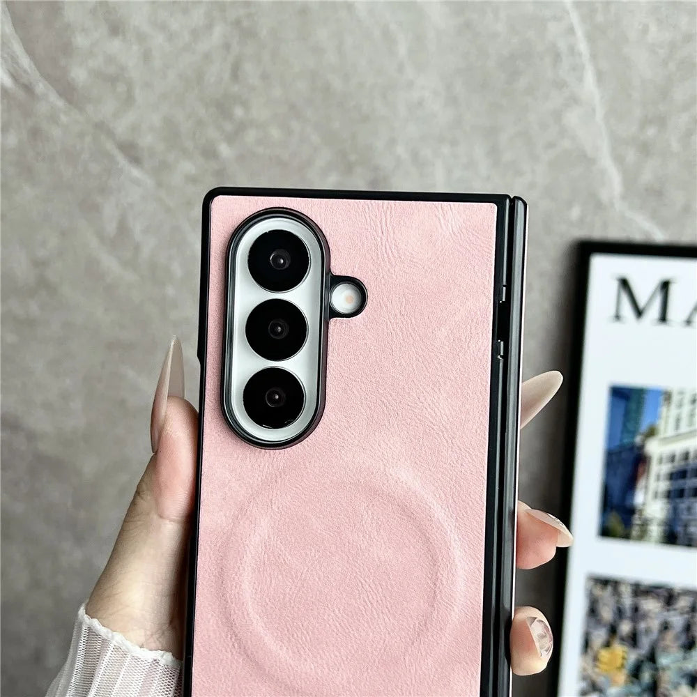 For Samsung Galaxy Z Fold7 5G Magnetic Case with Screen Protector Leather Texture Spring Hinge Protective Cover - Pink - 6