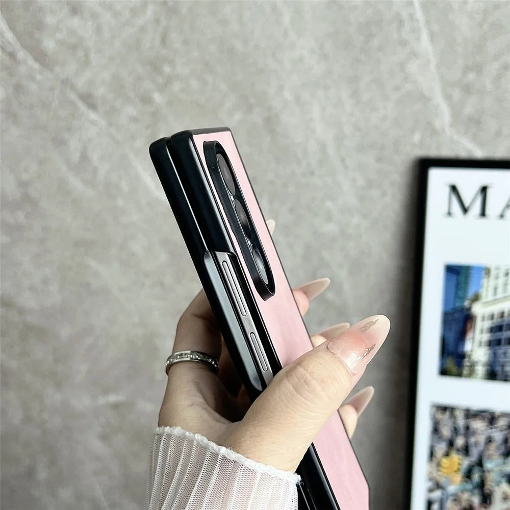 For Samsung Galaxy Z Fold7 5G Magnetic Case with Screen Protector Leather Texture Spring Hinge Protective Cover - Pink - 7
