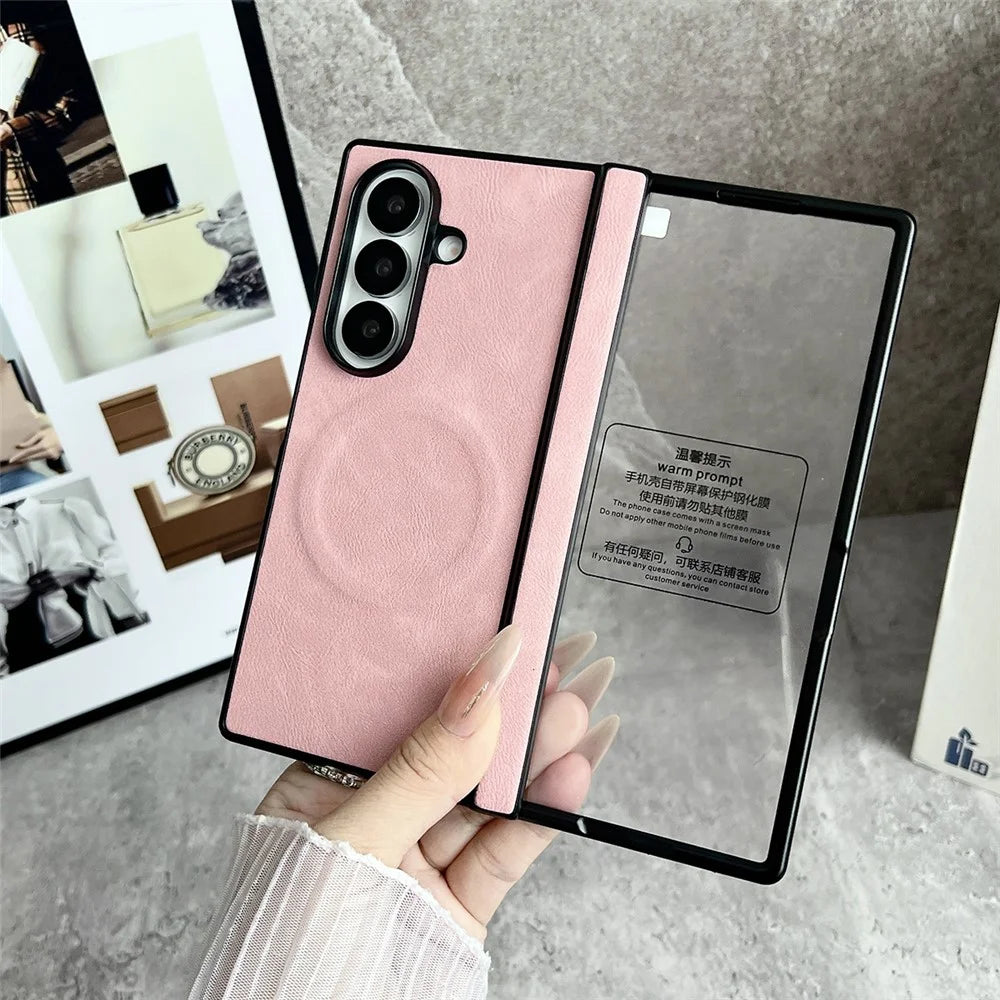 For Samsung Galaxy Z Fold8 Ultra Magnetic Case with Screen Protector Leather Texture Spring Hinge Protective Cover - Pink - 4