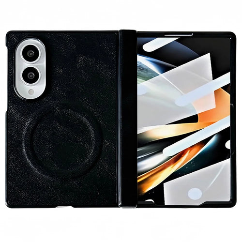 For Samsung Galaxy Z Fold Magnetic Case with Screen Protector Leather Texture Spring Hinge Protective Cover - Black - 1
