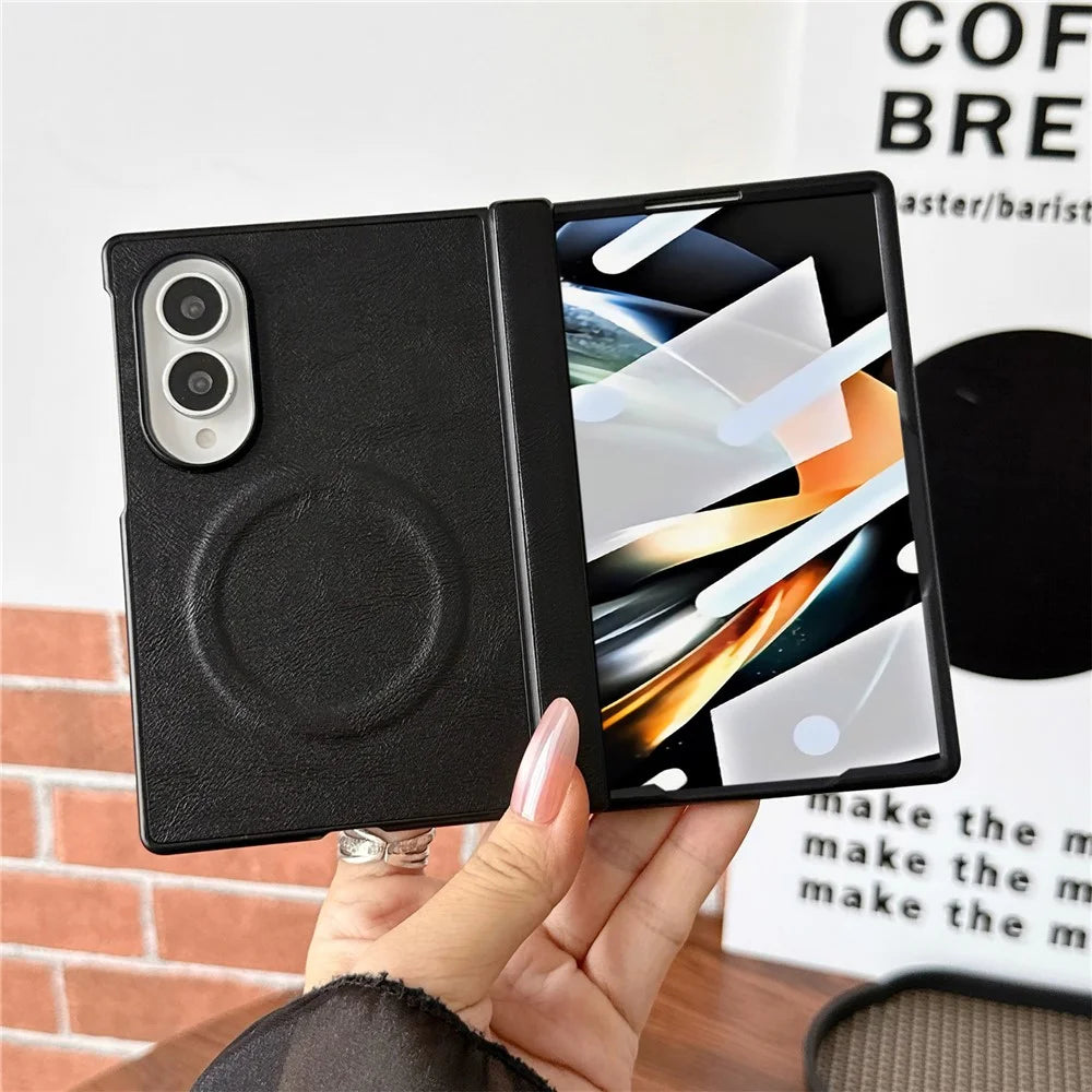 For Samsung Galaxy Z Fold Magnetic Case with Screen Protector Leather Texture Spring Hinge Protective Cover - Black - 2