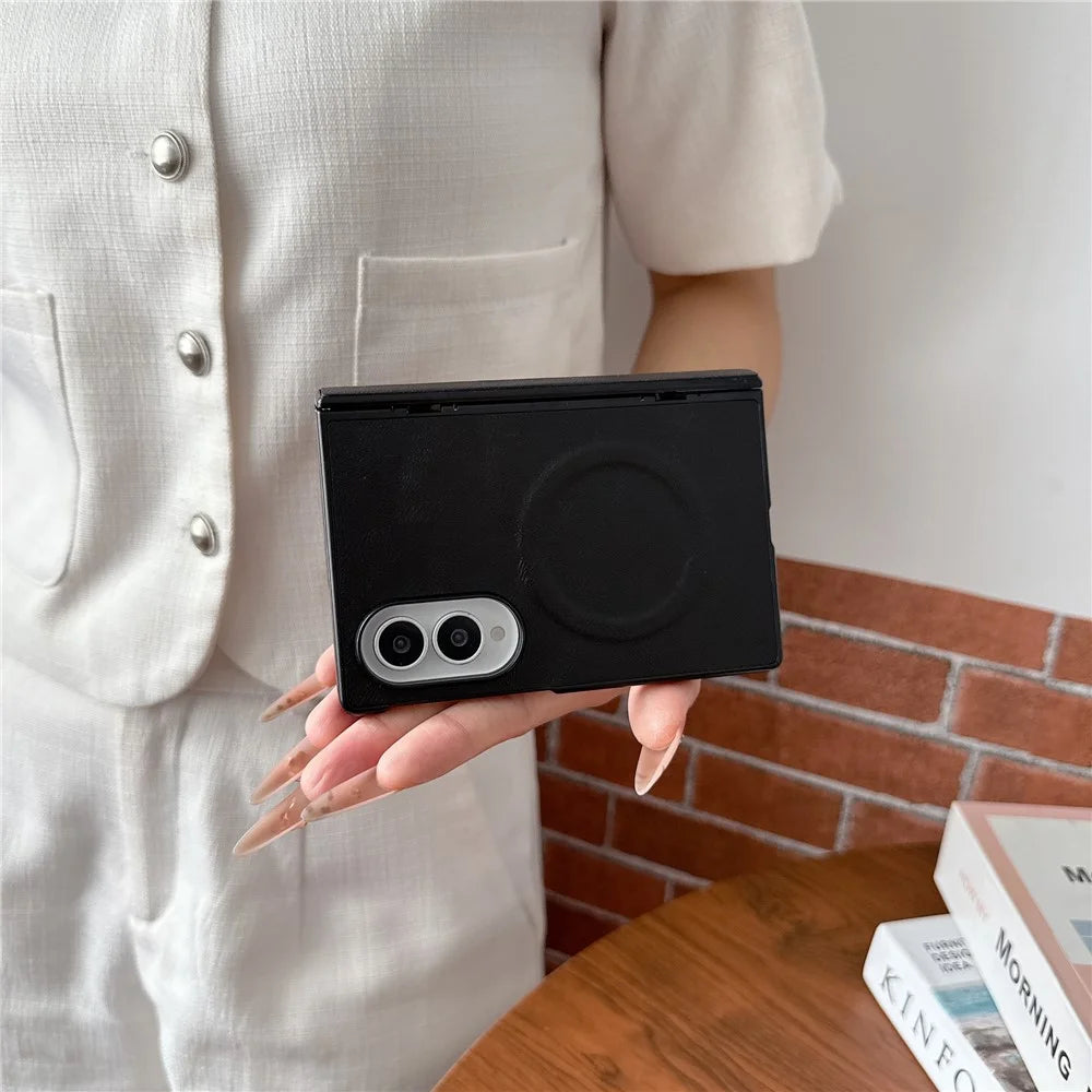 For Samsung Galaxy Z Fold Magnetic Case with Screen Protector Leather Texture Spring Hinge Protective Cover - Black - 3