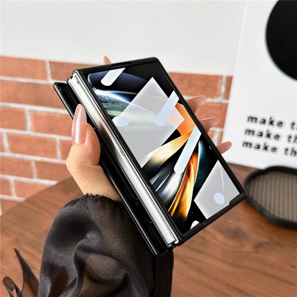 For Samsung Galaxy Z Fold Magnetic Case with Screen Protector Leather Texture Spring Hinge Protective Cover - Black - 5