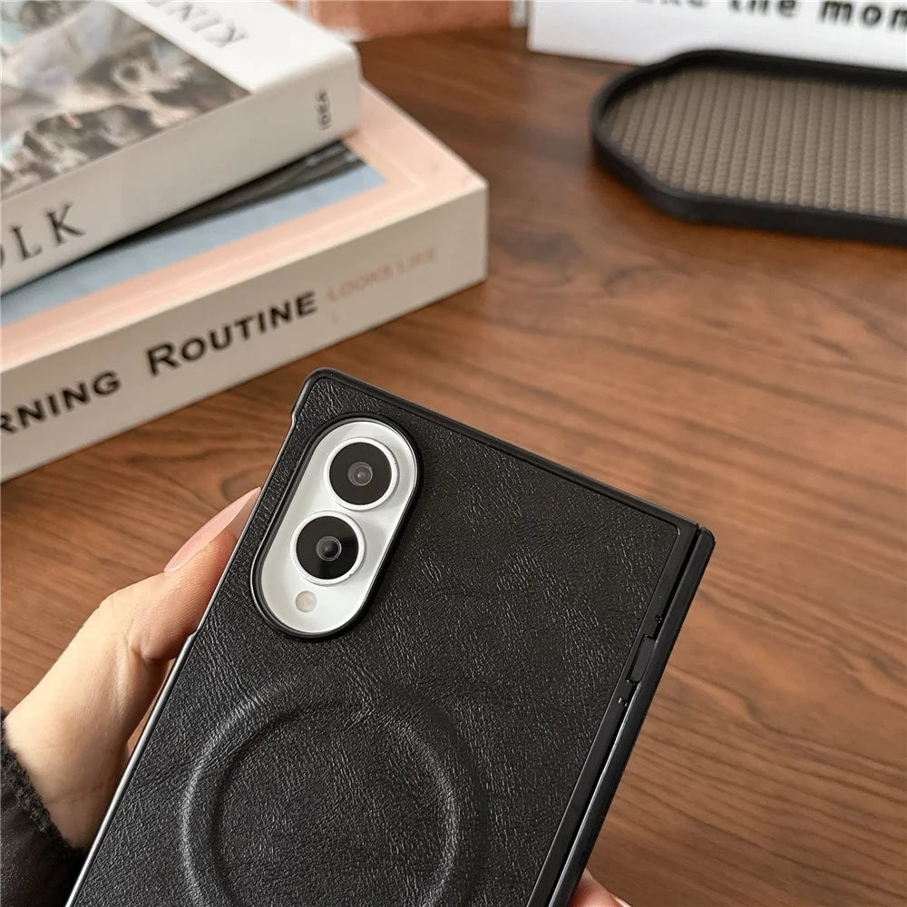 For Samsung Galaxy Z Fold Magnetic Case with Screen Protector Leather Texture Spring Hinge Protective Cover - Black - 7