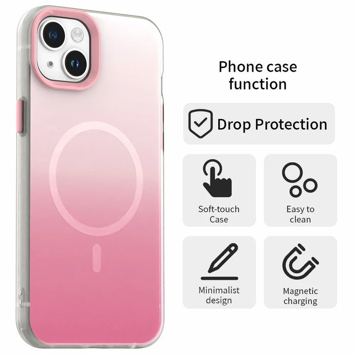 For iPhone 14 Magnetic Case Gradient TPU + PET + PC IMD Shockproof Phone Cover - Green - Pink - 2