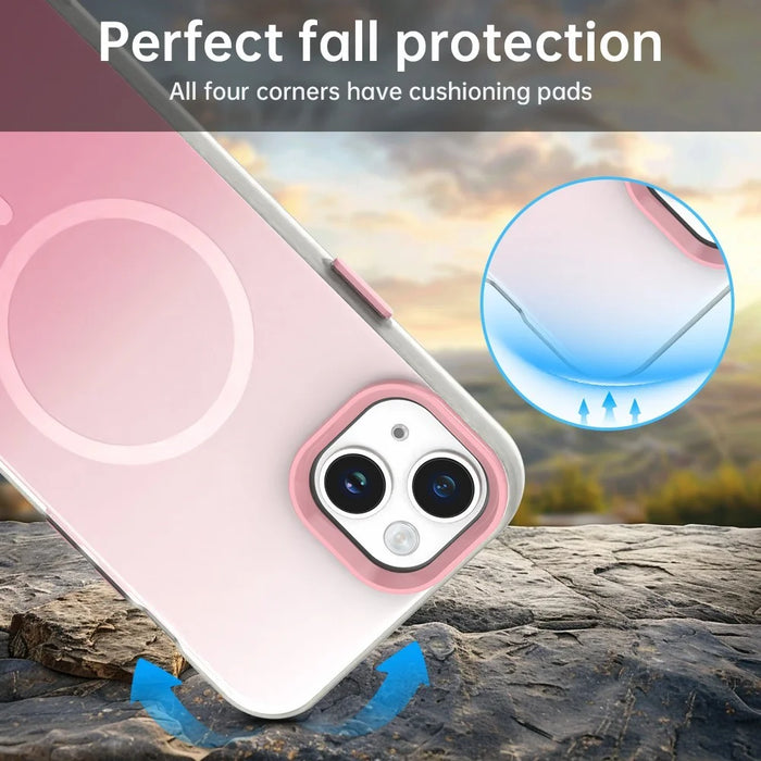 For iPhone 14 Magnetic Case Gradient TPU + PET + PC IMD Shockproof Phone Cover - Green - Pink - 3