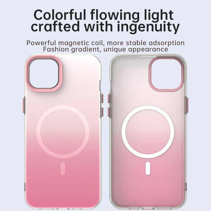 For iPhone 14 Magnetic Case Gradient TPU + PET + PC IMD Shockproof Phone Cover - Green - Pink - 4