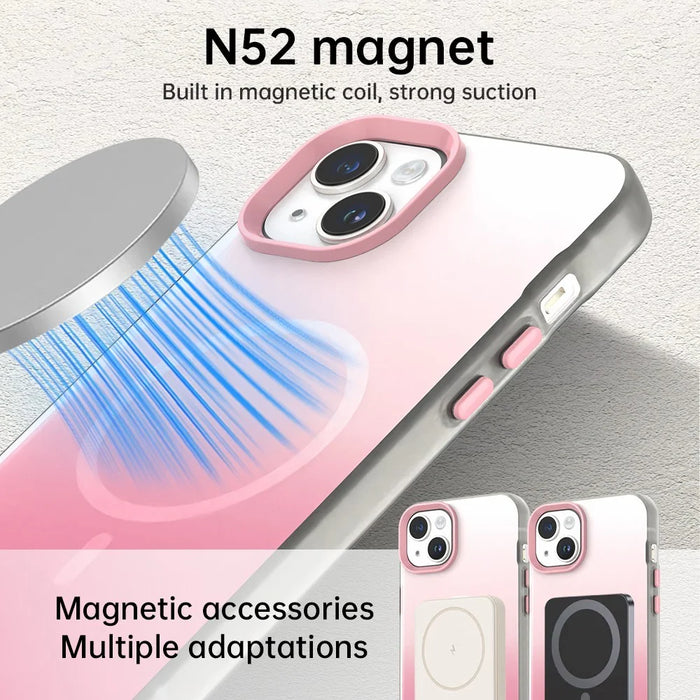 For iPhone 14 Magnetic Case Gradient TPU + PET + PC IMD Shockproof Phone Cover - Green - Pink - 5