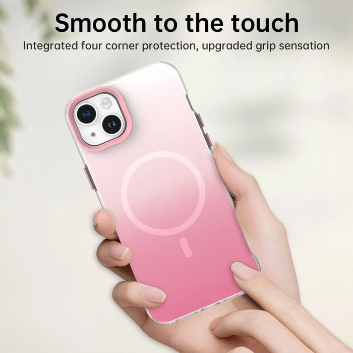 For iPhone 14 Magnetic Case Gradient TPU + PET + PC IMD Shockproof Phone Cover - Green - Pink - 6