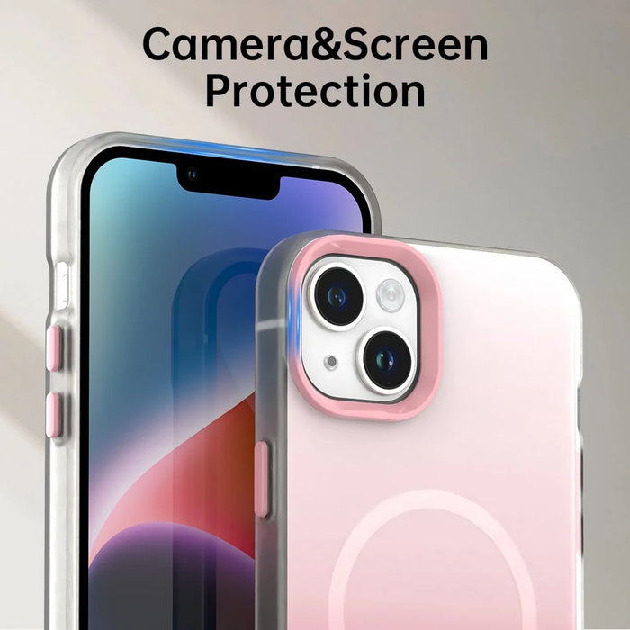 For iPhone 14 Magnetic Case Gradient TPU + PET + PC IMD Shockproof Phone Cover - Green - Pink - 7