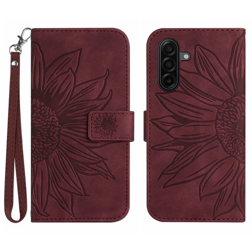 For Samsung Galaxy S26+ Case Sunflower Imprint Leather Wallet Phone Cover with Wrist Strap - Wine Red - 1