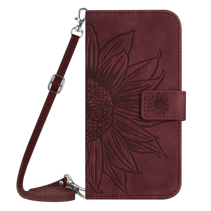 For Samsung Galaxy A27 5G Wallet Case Sunflower Imprinted  PU Leather Phone Stand Cover with Shoulder Strap - Wine Red - 2