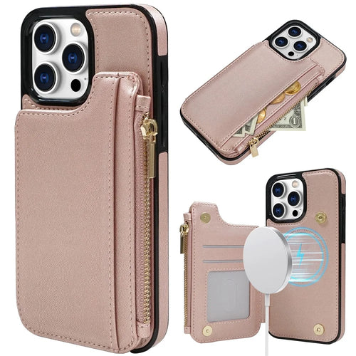 DELIDIGI WE24 for iPhone 16 Pro Max Magnetic Case with Card Slots Zipper Pocket Leather Phone Back Cover - Pink - 1