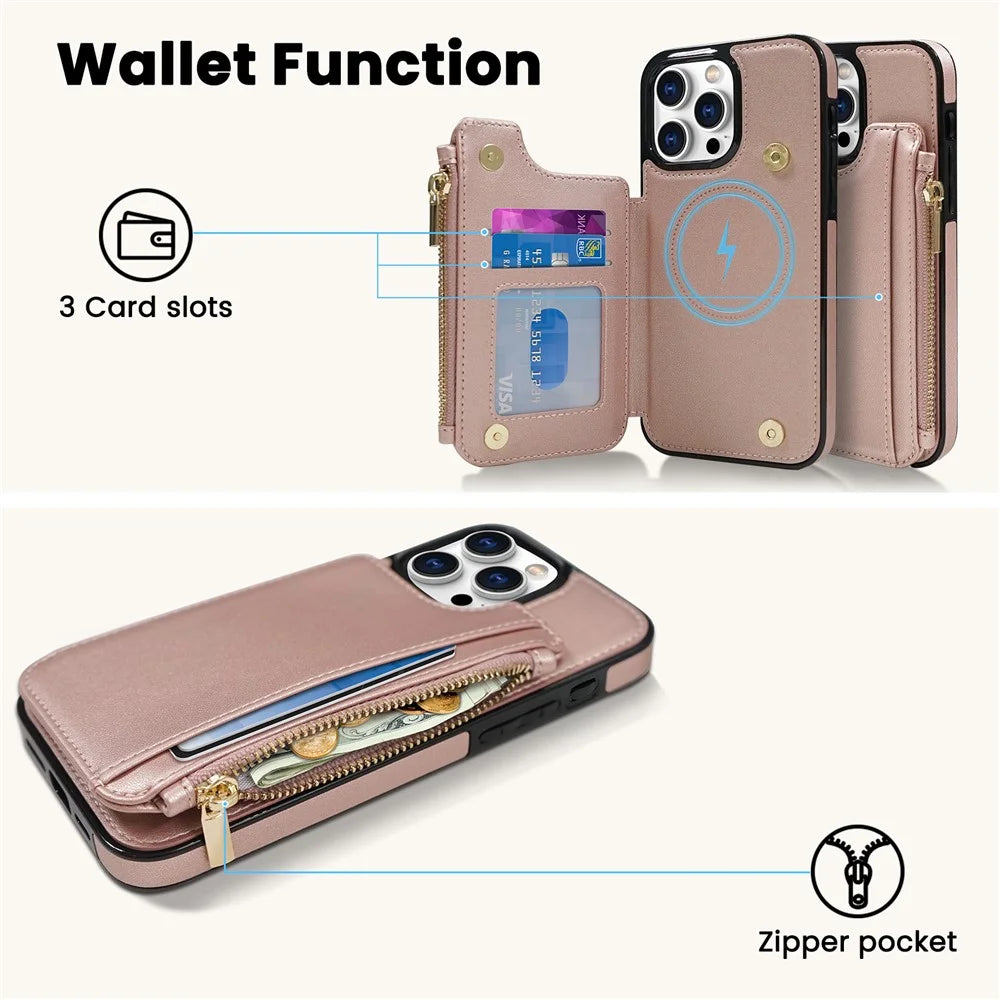 DELIDIGI WE24 for iPhone 16 Pro Max Magnetic Case with Card Slots Zipper Pocket Leather Phone Back Cover - Pink - 4
