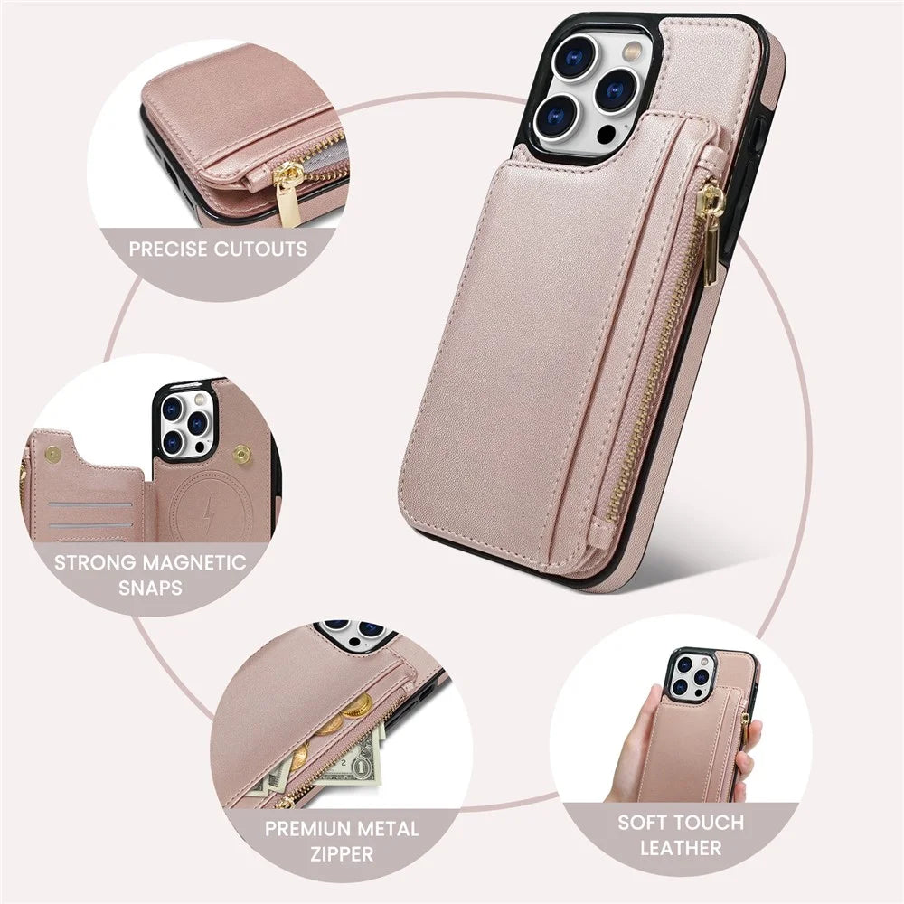 DELIDIGI WE24 for iPhone 16 Pro Max Magnetic Case with Card Slots Zipper Pocket Leather Phone Back Cover - Pink - 6