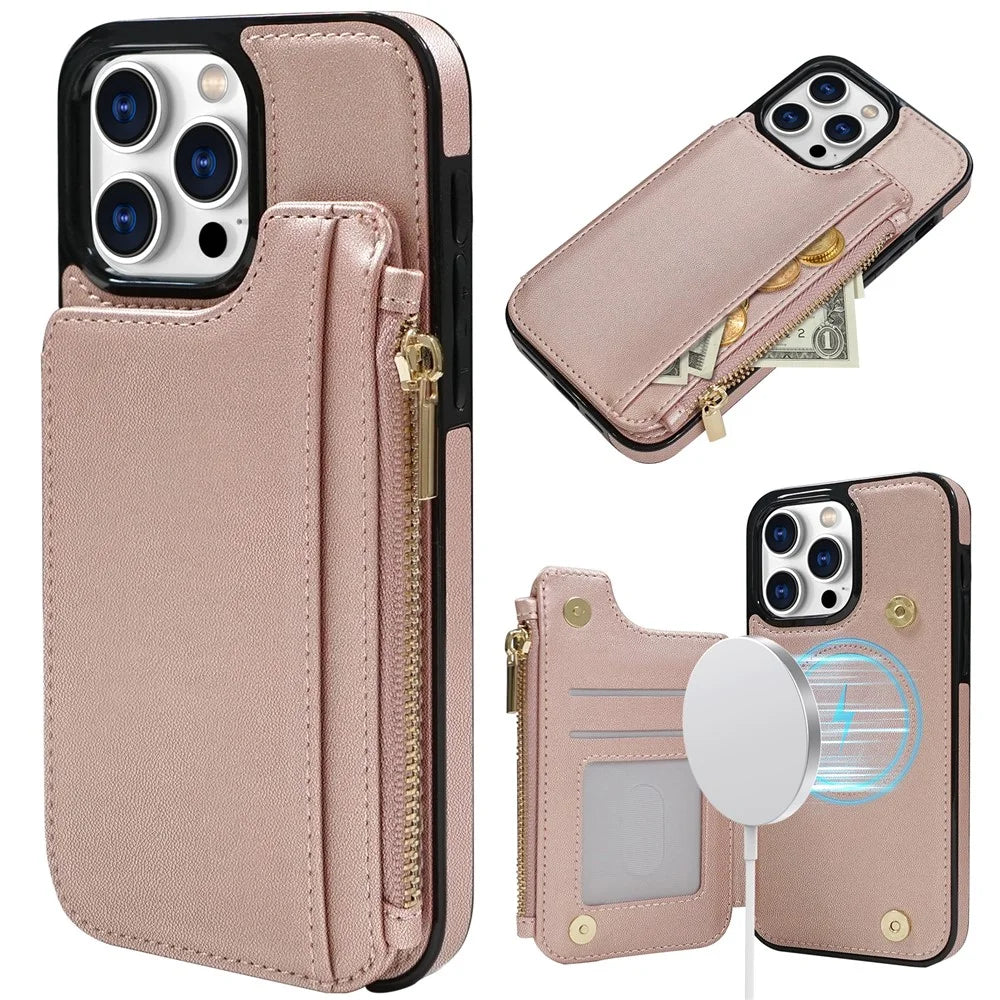 DELIDIGI WE24 for iPhone 16 Pro Magnetic Case with Card Slots Zipper Pocket Leather Phone Back Cover - Pink - 1
