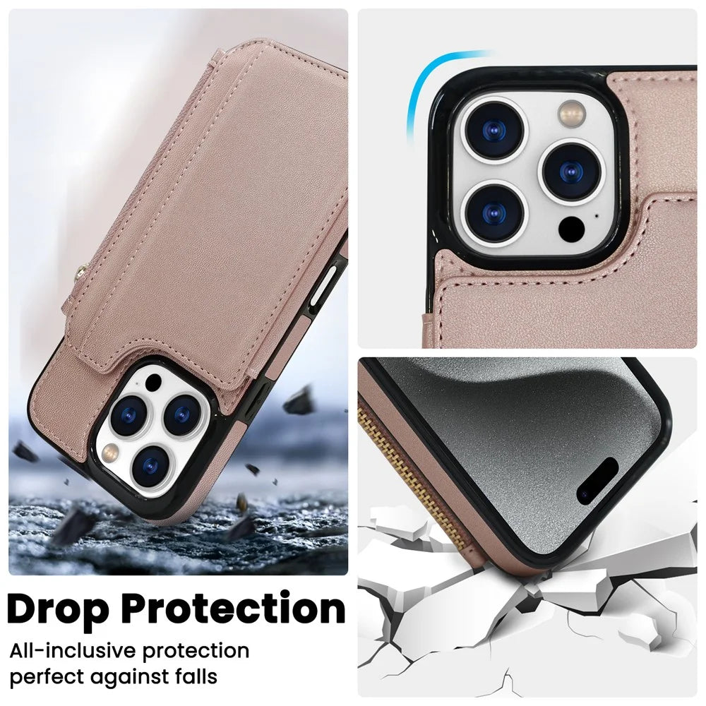 DELIDIGI WE24 for iPhone 16 Pro Magnetic Case with Card Slots Zipper Pocket Leather Phone Back Cover - Pink - 5