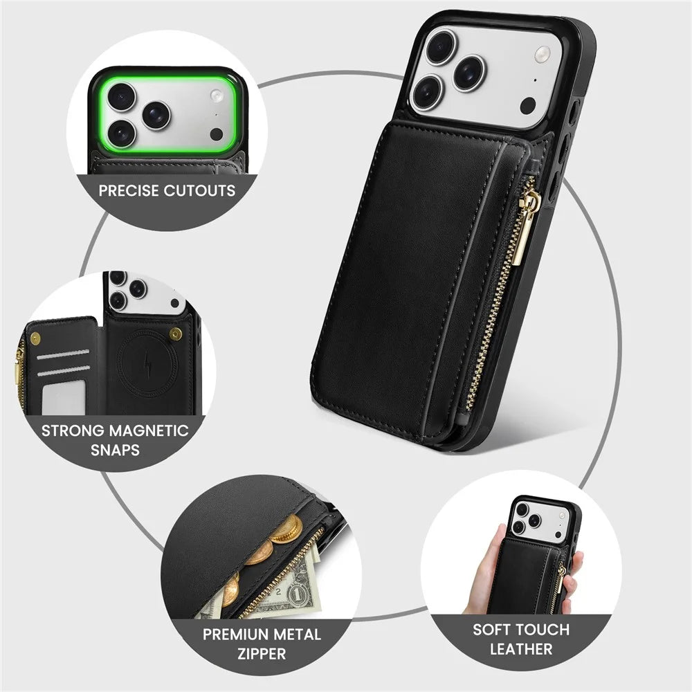DELIDIGI WE24 for iPhone 17 Pro Max Magnetic Case with Card Slots Zipper Pocket Leather Phone Back Cover - Black - 6