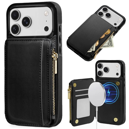 DELIDIGI WE24 for iPhone 17 Pro Magnetic Case with Card Slots Zipper Pocket Leather Phone Back Cover - Black - 1