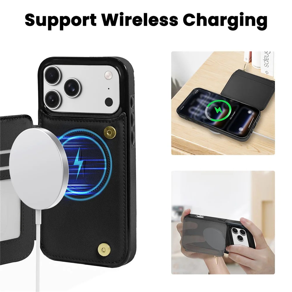 DELIDIGI WE24 for iPhone 17 Pro Magnetic Case with Card Slots Zipper Pocket Leather Phone Back Cover - Black - 3
