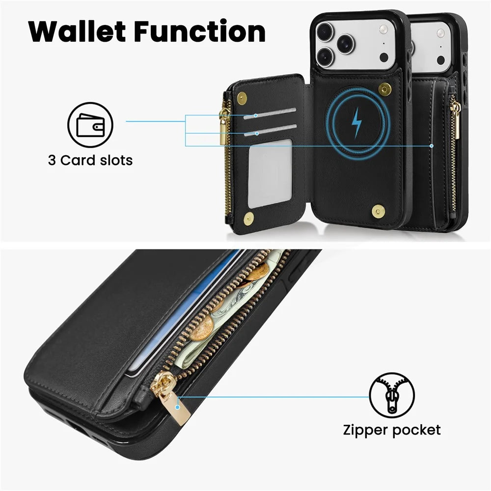 DELIDIGI WE24 for iPhone 17 Pro Magnetic Case with Card Slots Zipper Pocket Leather Phone Back Cover - Black - 4