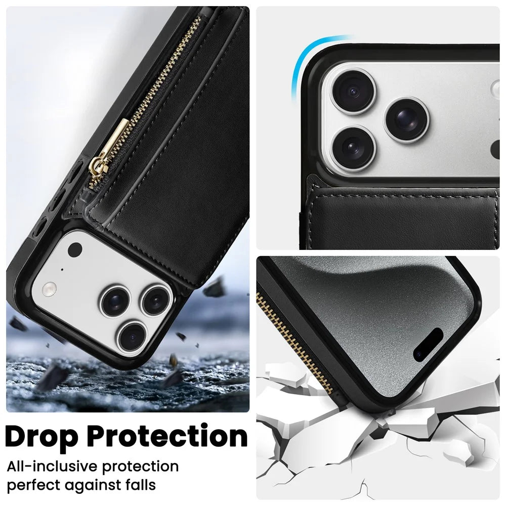 DELIDIGI WE24 for iPhone 17 Pro Magnetic Case with Card Slots Zipper Pocket Leather Phone Back Cover - Black - 5