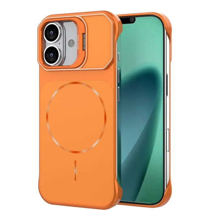 For iPhone 17 Magnetic Case Lens Frame Kickstand Matte PC Frameless Phone Cover - Orange - 1