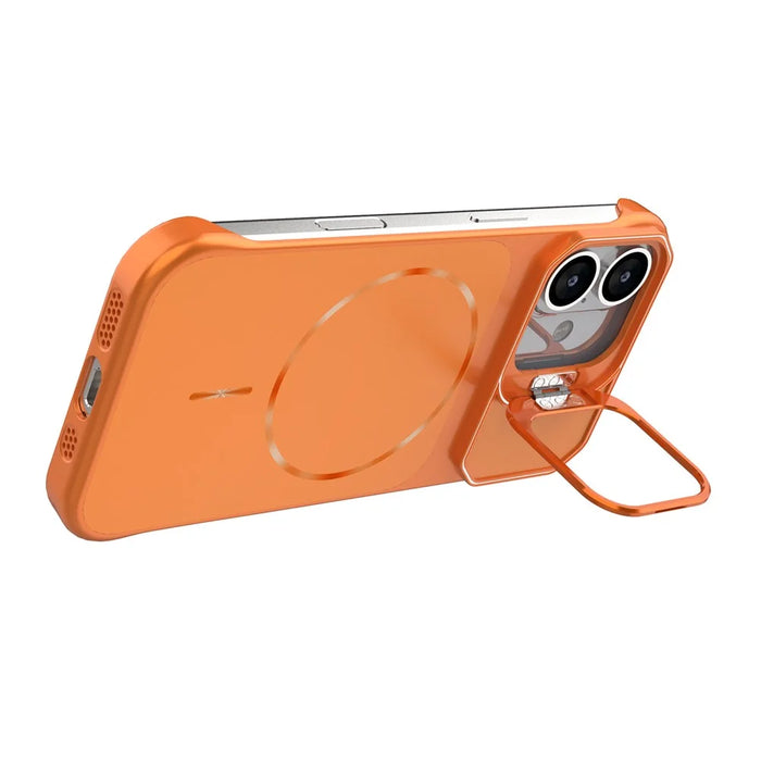 For iPhone 17 Magnetic Case Lens Frame Kickstand Matte PC Frameless Phone Cover - Orange - 2