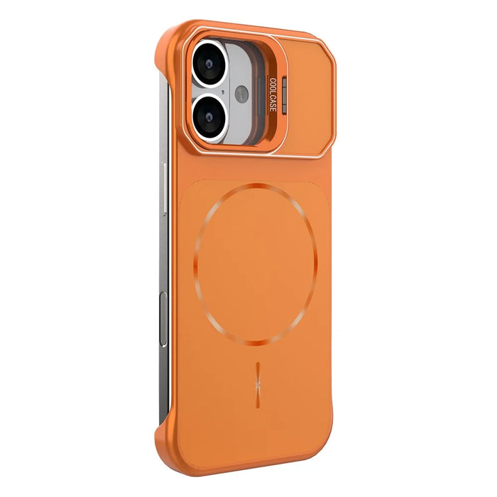 For iPhone 17 Magnetic Case Lens Frame Kickstand Matte PC Frameless Phone Cover - Orange - 4
