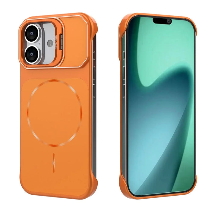For iPhone 17 Magnetic Case Lens Frame Kickstand Matte PC Frameless Phone Cover - Orange - 5