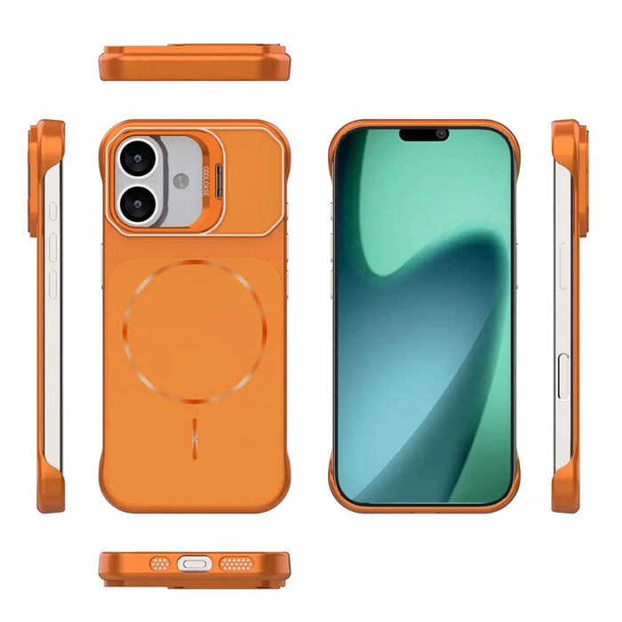 For iPhone 17 Magnetic Case Lens Frame Kickstand Matte PC Frameless Phone Cover - Orange - 6
