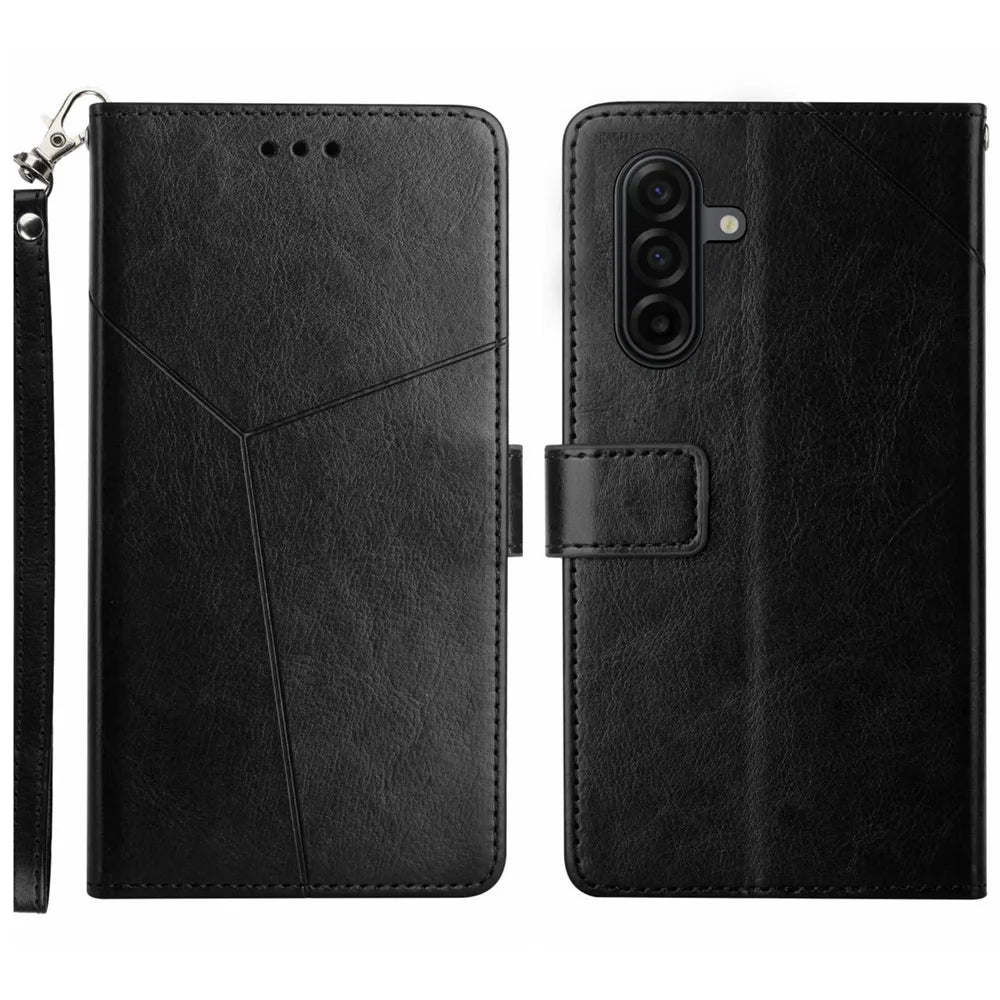 For Samsung Galaxy A27 5G Case Y Shaped Lines Imprint Leather Phone Cover - Black - 1