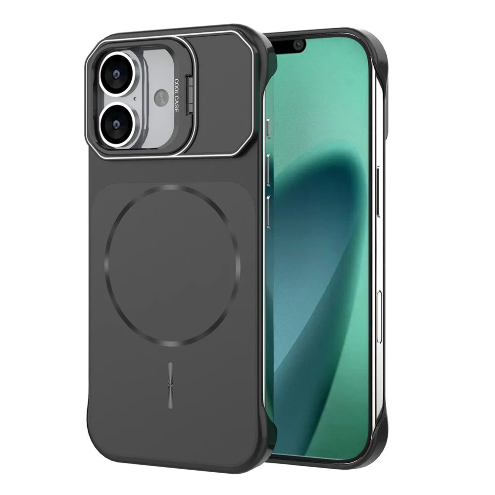 For iPhone 16 Magnetic Case Lens Frame Kickstand Matte PC Frameless Phone Cover - Black - 1