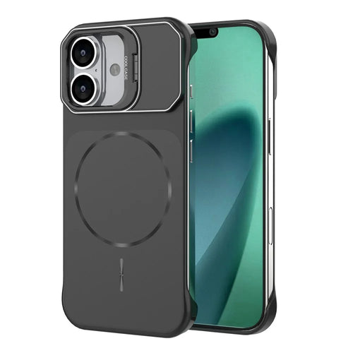 For iPhone 16 Magnetic Case Lens Frame Kickstand Matte PC Frameless Phone Cover - Black - 1